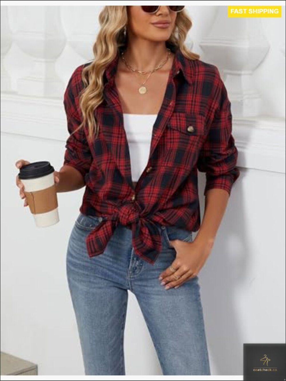 Oversized Plaid Flannel Button Down Shirt with Pockets Casual Long Sleeve Blouse - Picture 2 of 6